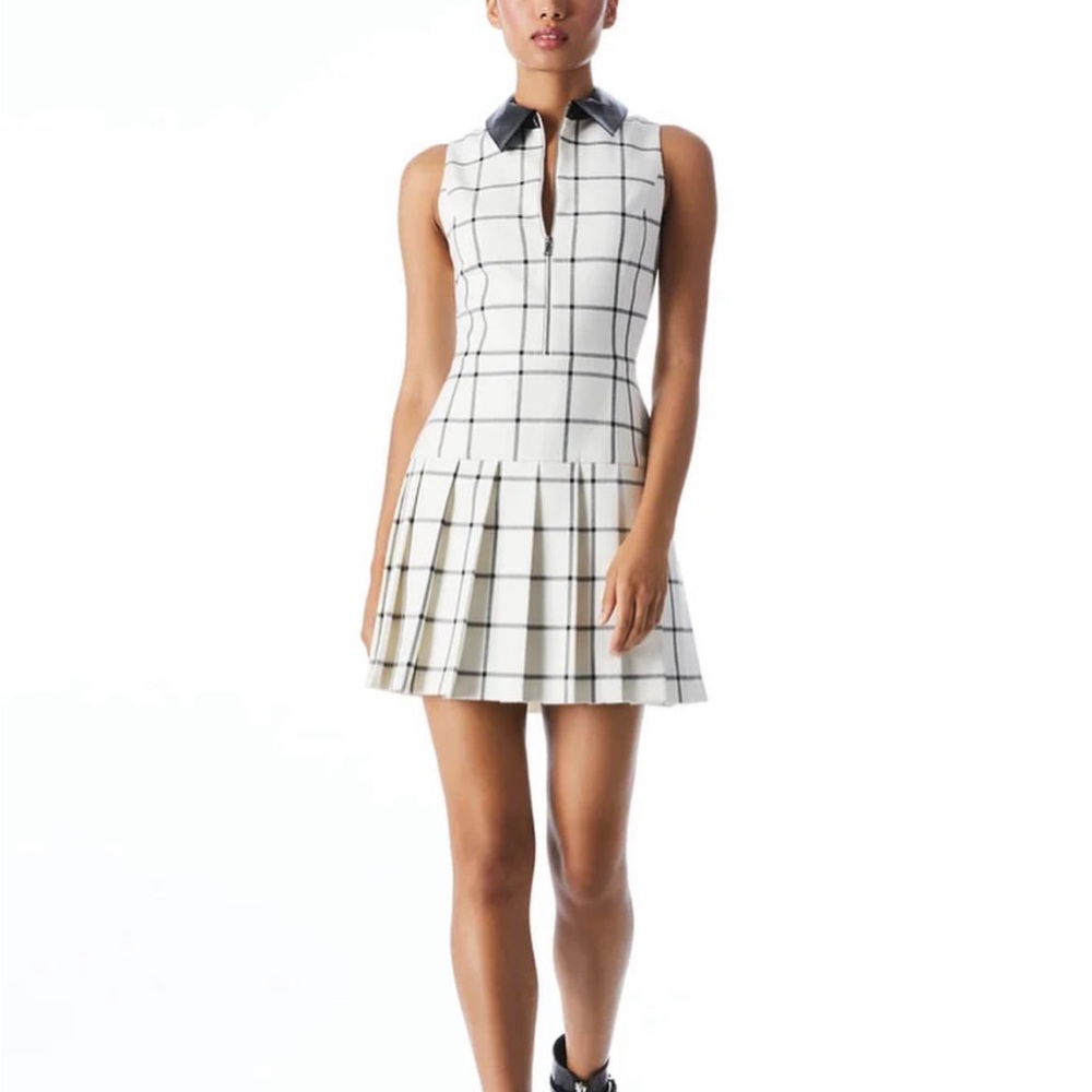 Alice + Olivia Ellis Windowpane Front-Zip Pleated Mini Dress - Picture 3 of 4